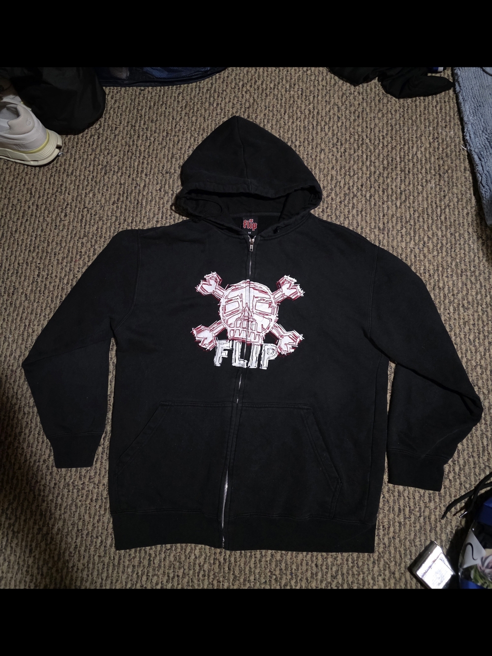 Y2k Flip Skateboards Black Zip-Up Hoodie with Skull Logo